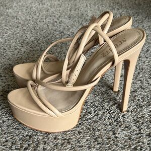 Schutz Zilla Beige/Tan Leather Strappy Sandal Stiletto 6 Inch Heels Size 9.5